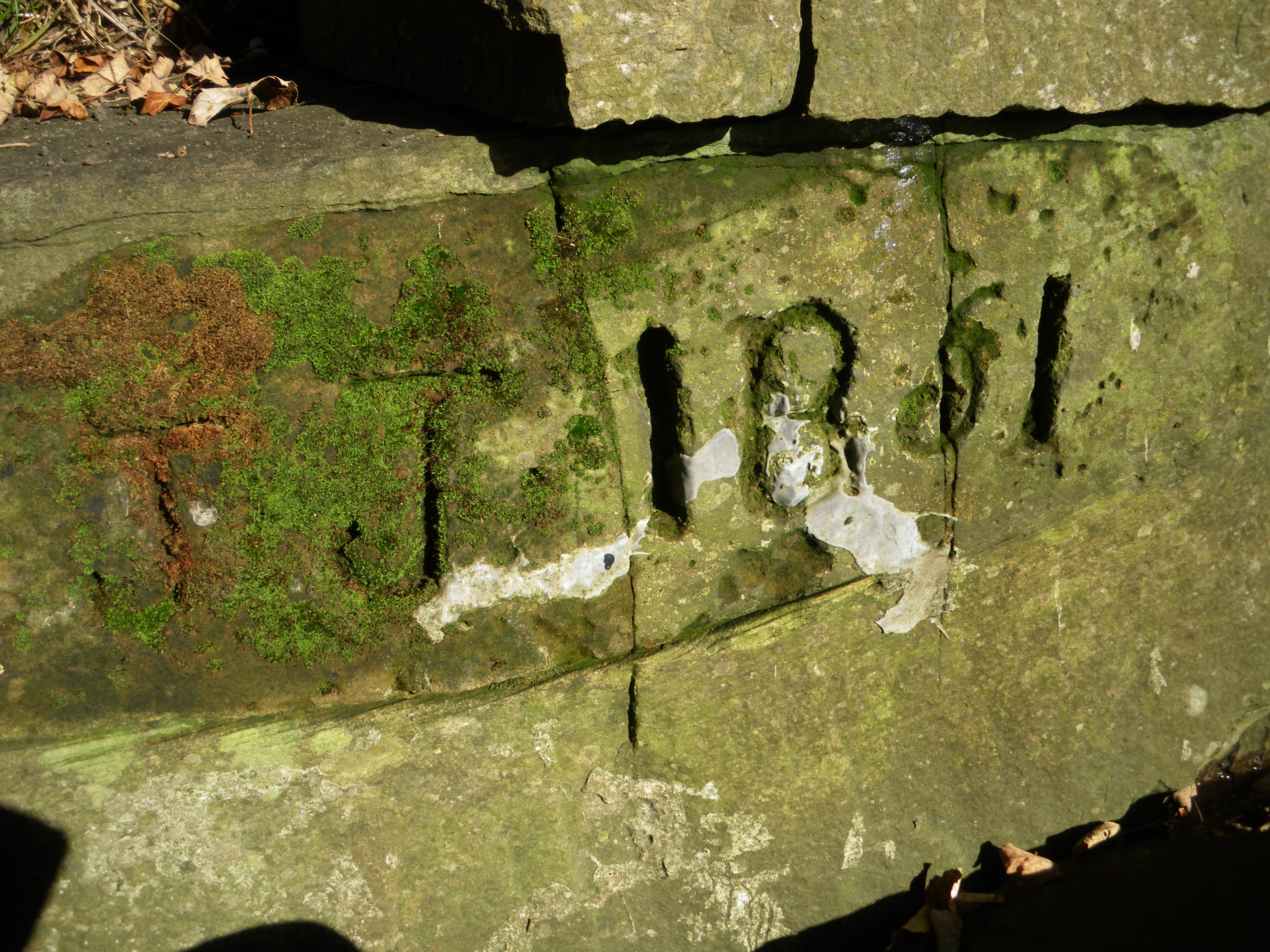 JJ 1861 (Jonathan Jowett) is carved on rocks below the Millennium Bridge. It marks where a sough driven from Eaves Knoll Colliery, above Meadow Street exits into the river Goyt. Its not hard to imagine JJ wanting to mark the completion of so long a shaft.