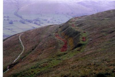Defensive terraces cut on Mam Tor Hill Fort.